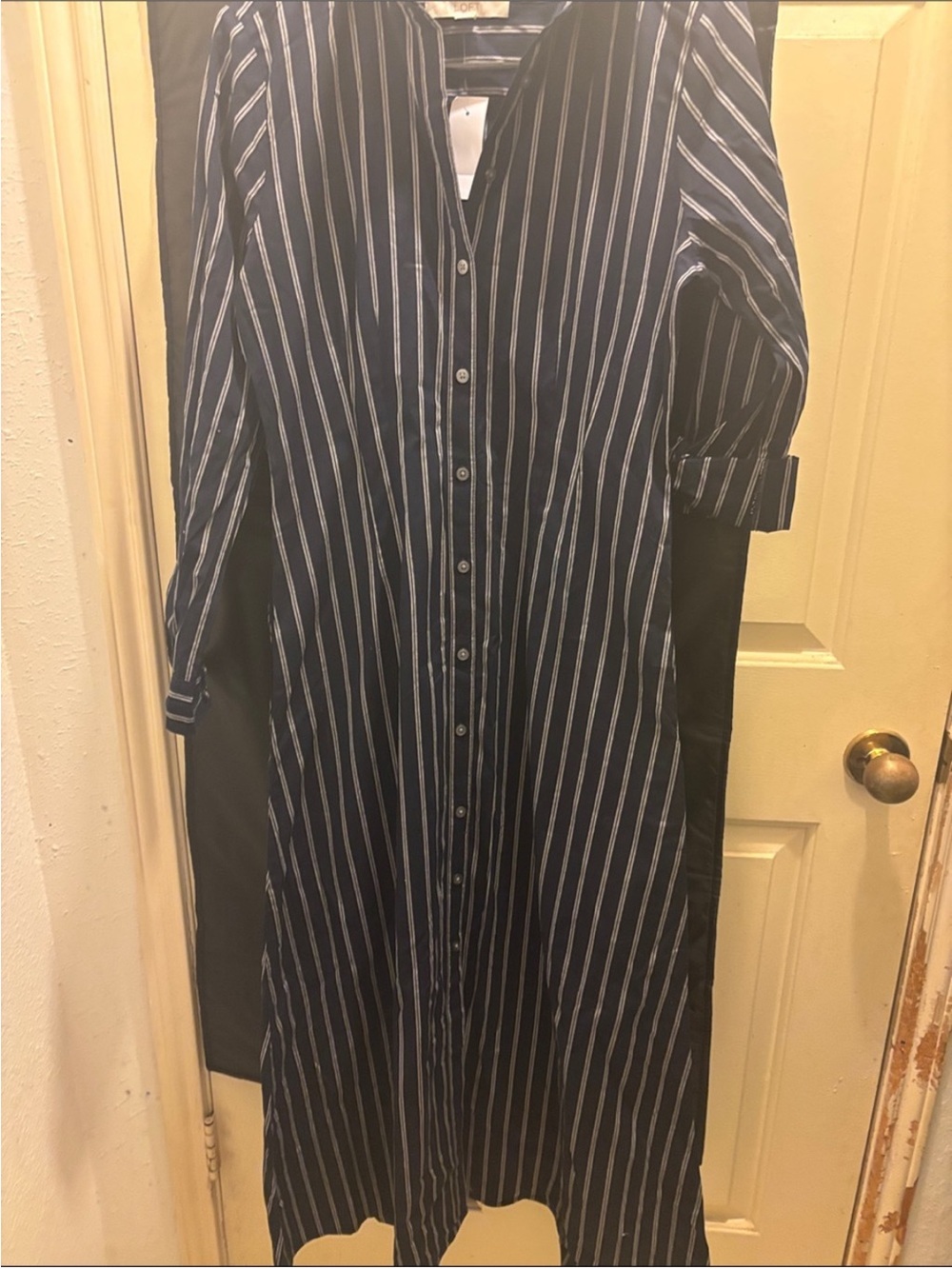 LOFT Navy and White Striped Long Sleeve Shirt Dress